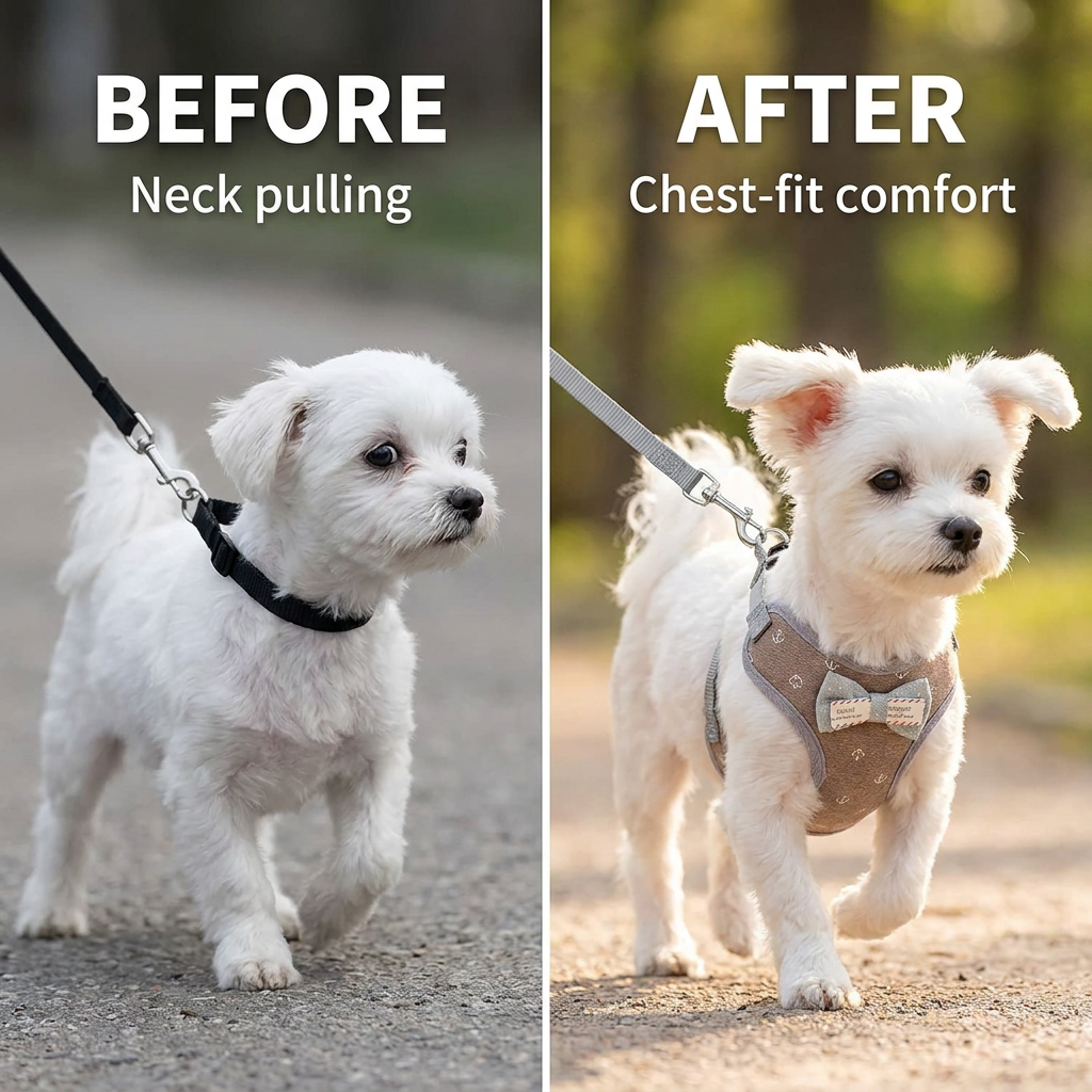 Before and after comparison - neck pulling vs chest-fit comfort harness