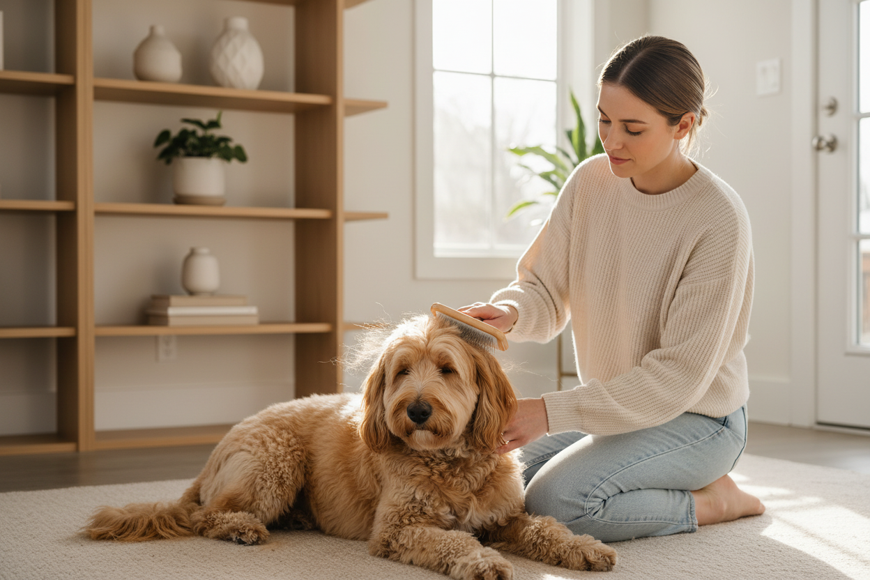 Dog owner grooming with wooden slicker brush