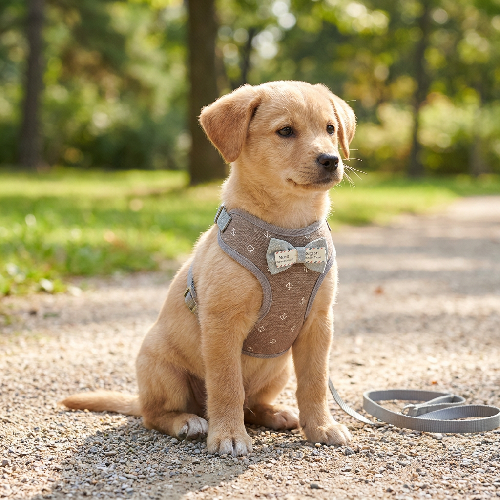 Puppy wearing adjustable harness outdoors