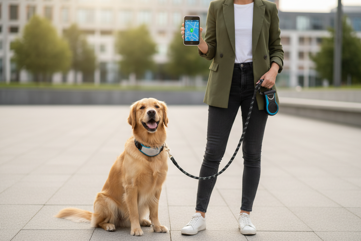 Pet owner with dog and GPS tracker